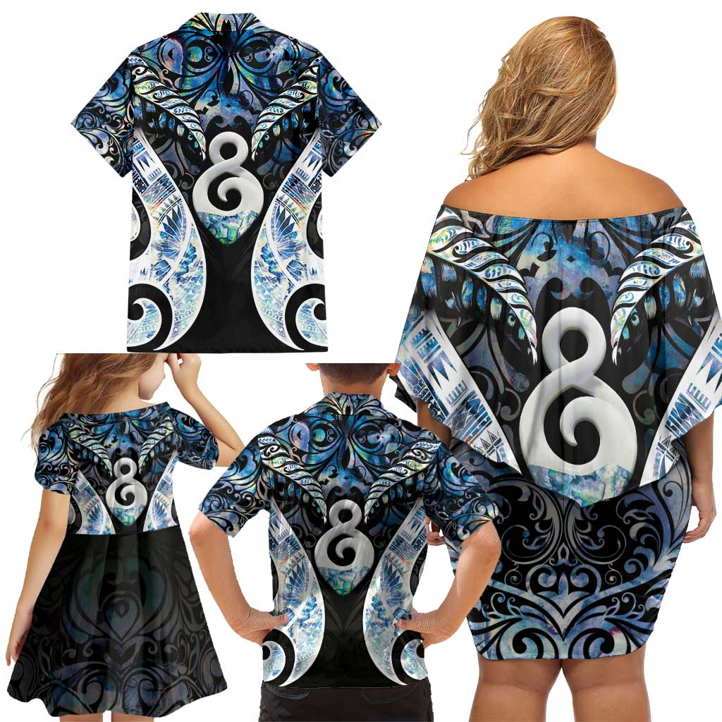 New Zealand Aotearoa Family Matching Off Shoulder Short Dress and Hawaiian Shirt Pikorua Single Twist Green Paua Shell DT05 - Polynesian Pride