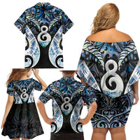 New Zealand Aotearoa Family Matching Off Shoulder Short Dress and Hawaiian Shirt Pikorua Single Twist Green Paua Shell DT05 - Polynesian Pride