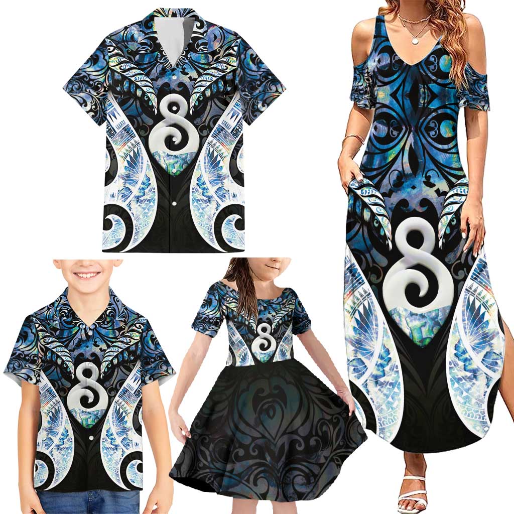 New Zealand Aotearoa Family Matching Summer Maxi Dress and Hawaiian Shirt Pikorua Single Twist Green Paua Shell DT05 - Polynesian Pride