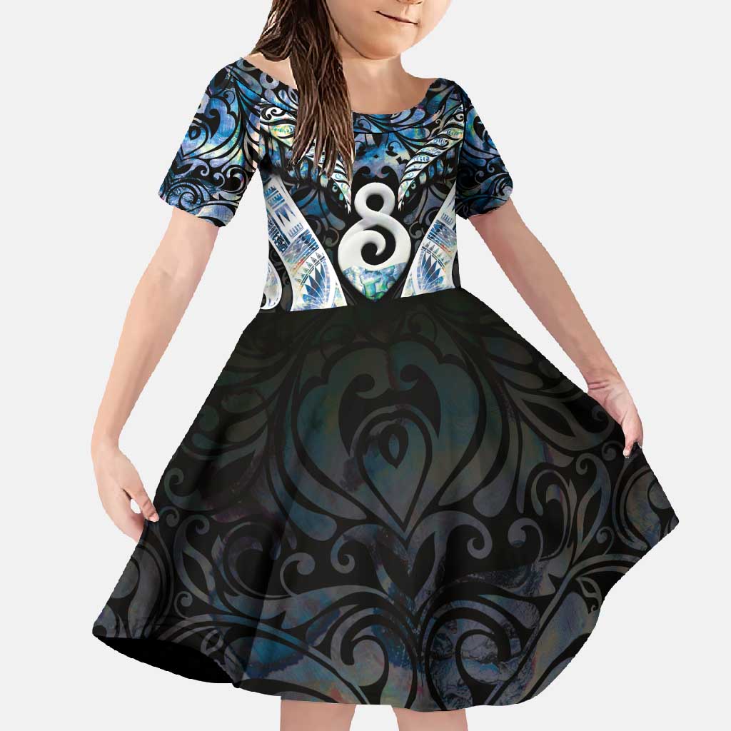 New Zealand Aotearoa Family Matching Tank Maxi Dress and Hawaiian Shirt Pikorua Single Twist Green Paua Shell DT05 Daughter's Dress Green - Polynesian Pride