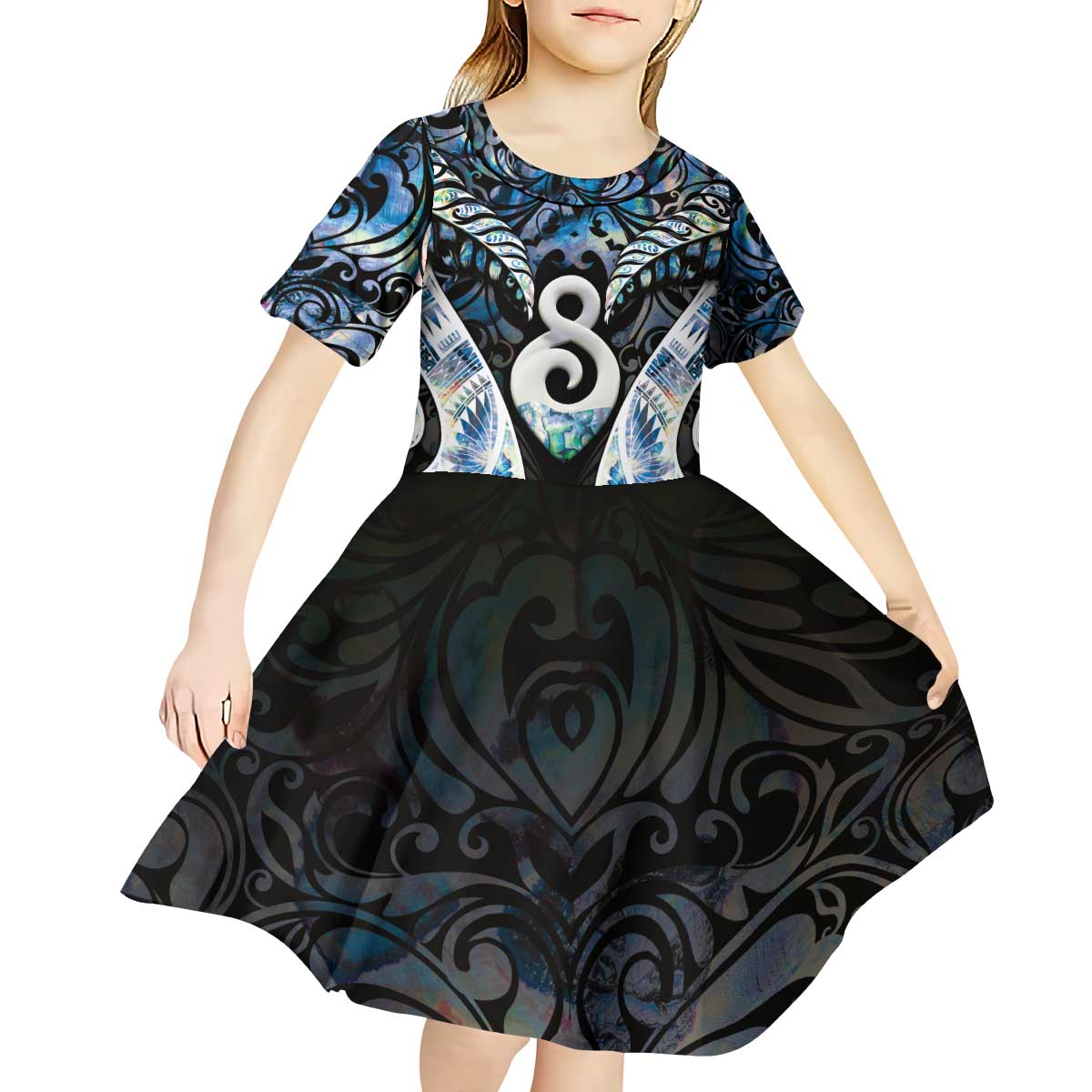 New Zealand Aotearoa Kid Short Sleeve Dress Pikorua Single Twist Green Paua Shell
