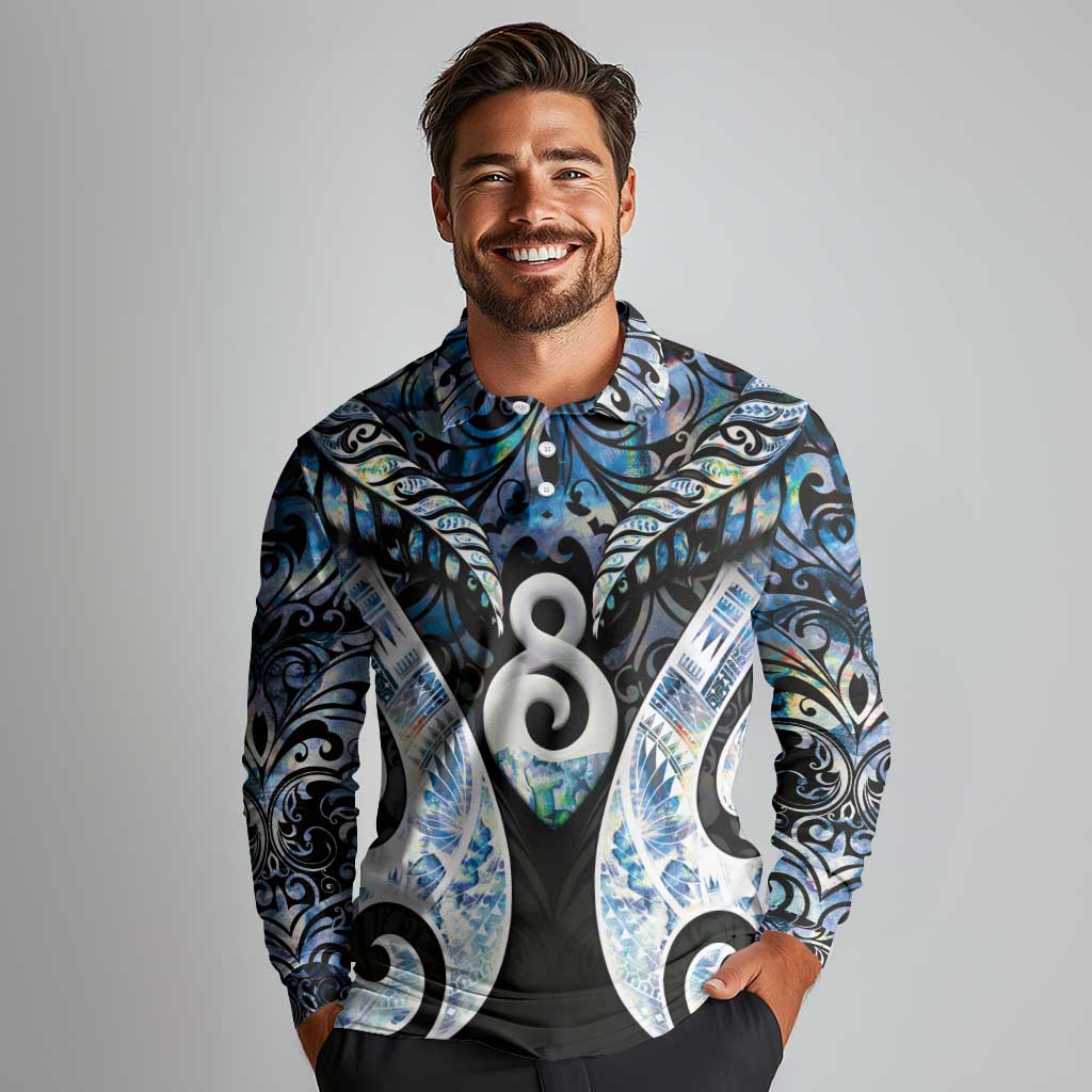 New Zealand Aotearoa Long Sleeve Polo Shirt Pikorua Single Twist Green Paua Shell