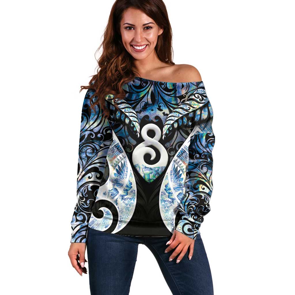 New Zealand Aotearoa Off Shoulder Sweater Pikorua Single Twist Green Paua Shell DT05 Women Green - Polynesian Pride