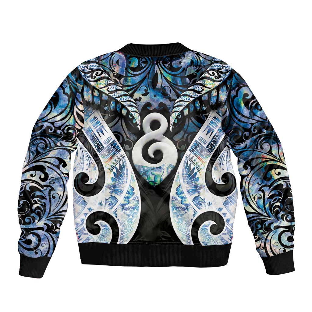 New Zealand Aotearoa Sleeve Zip Bomber Jacket Pikorua Single Twist Green Paua Shell DT05 - Polynesian Pride