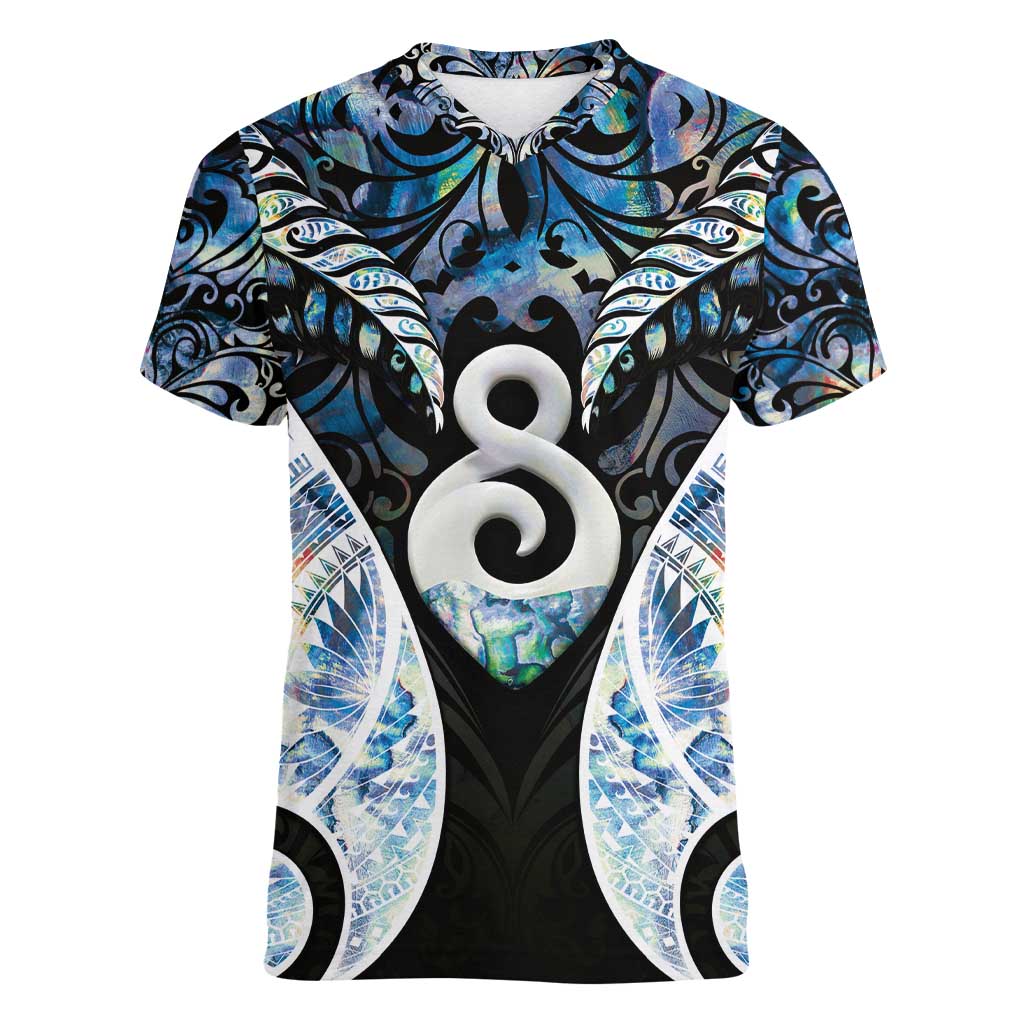 New Zealand Aotearoa Women V-Neck T-Shirt Pikorua Single Twist Green Paua Shell