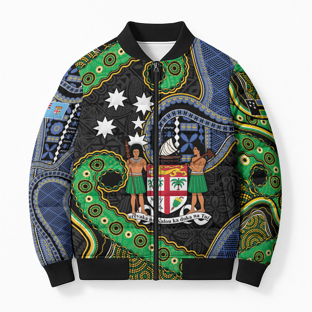 South Sea Islanders And Fiji Bomber Puffer Jacket Fijian Coat Of Arms And Southern Cross DT05 Unisex Black - Polynesian Pride