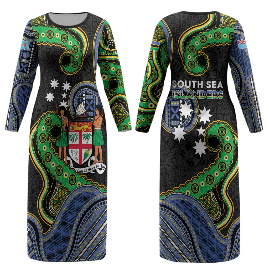 South Sea Islanders And Fiji Couples Matching Long Sleeve Bodycon Dress and Hawaiian Shirt Fijian Coat Of Arms And Southern Cross DT05 - Polynesian Pride