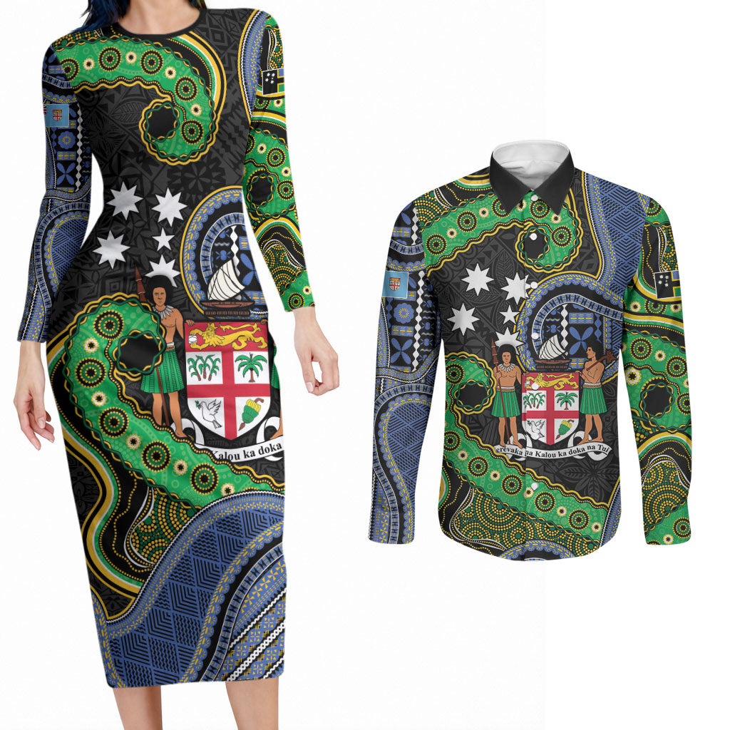 South Sea Islanders And Fiji Couples Matching Long Sleeve Bodycon Dress and Long Sleeve Button Shirt Fijian Coat Of Arms And Southern Cross DT05 Black - Polynesian Pride