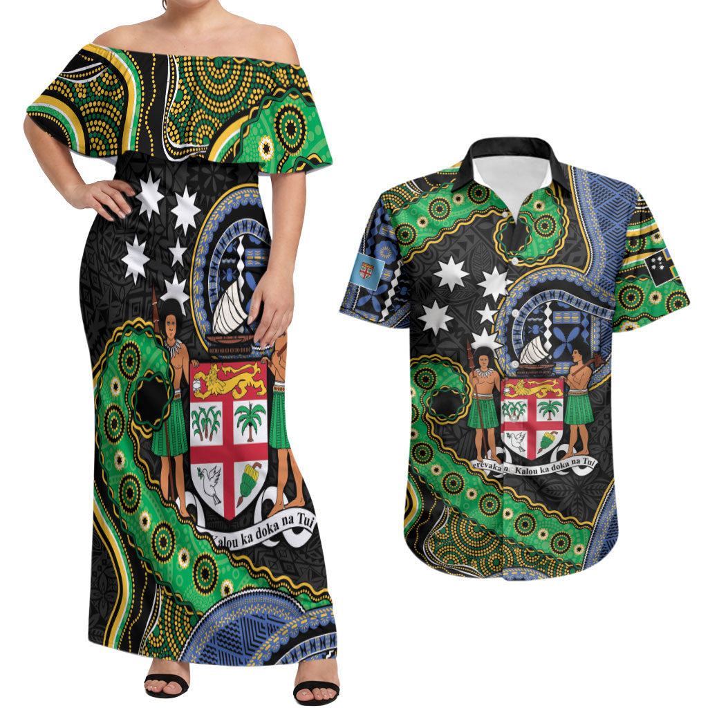 South Sea Islanders And Fiji Couples Matching Off Shoulder Maxi Dress and Hawaiian Shirt Fijian Coat Of Arms And Southern Cross DT05 Black - Polynesian Pride