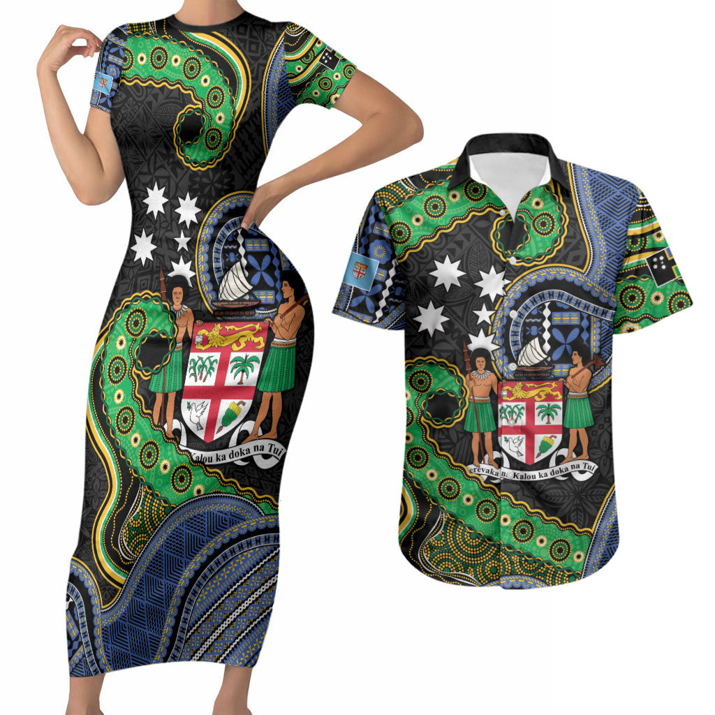 South Sea Islanders And Fiji Couples Matching Short Sleeve Bodycon Dress and Hawaiian Shirt Fijian Coat Of Arms And Southern Cross DT05 Black - Polynesian Pride