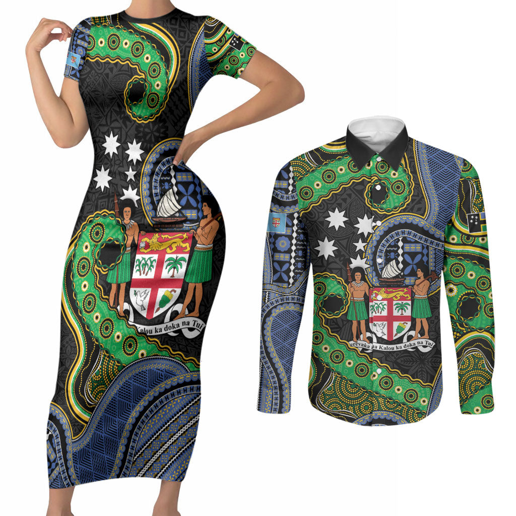 South Sea Islanders And Fiji Couples Matching Short Sleeve Bodycon Dress and Long Sleeve Button Shirt Fijian Coat Of Arms And Southern Cross DT05 Black - Polynesian Pride