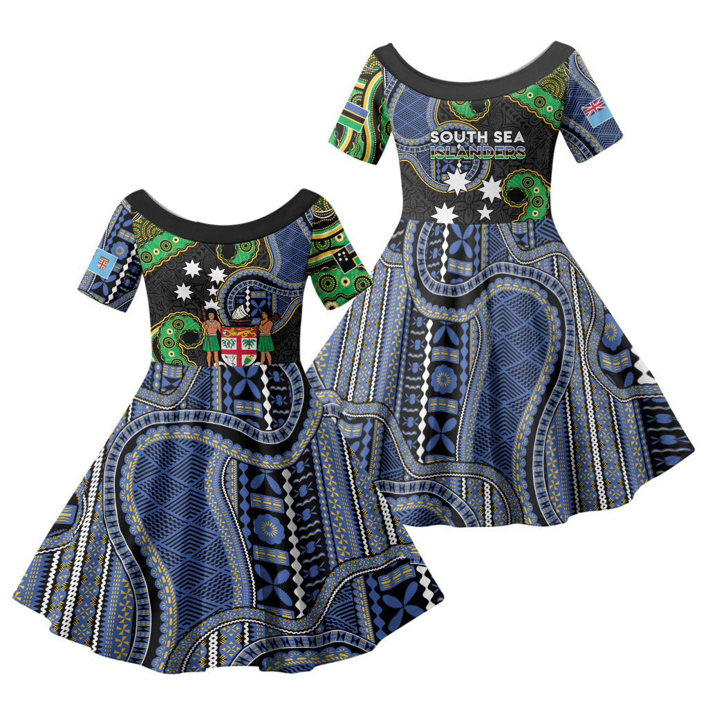 South Sea Islanders And Fiji Family Matching Long Sleeve Bodycon Dress and Hawaiian Shirt Fijian Coat Of Arms And Southern Cross DT05 Daughter's Dress Black - Polynesian Pride