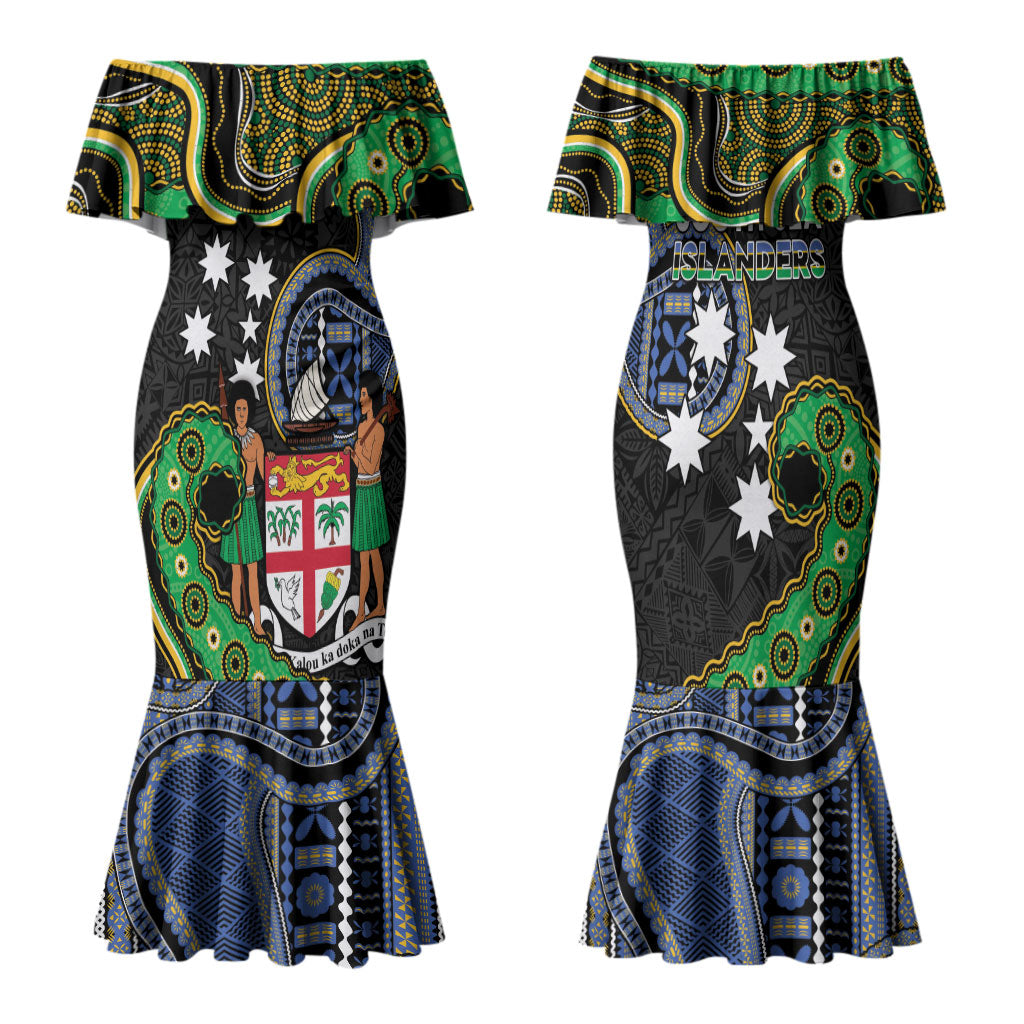 South Sea Islanders And Fiji Family Matching Mermaid Dress and Hawaiian Shirt Fijian Coat Of Arms And Southern Cross DT05 Mom's Dress Black - Polynesian Pride