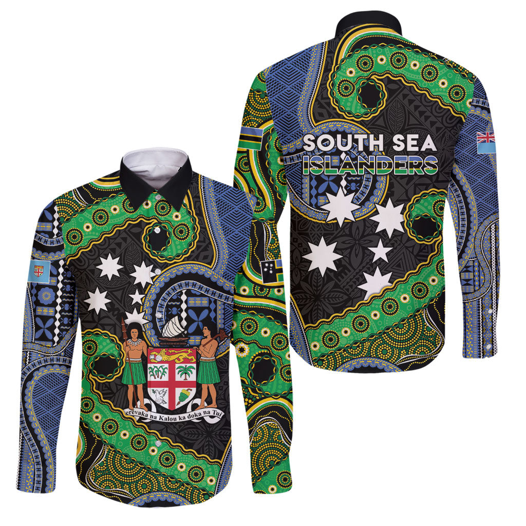 South Sea Islanders And Fiji Family Matching Mermaid Dress and Hawaiian Shirt Fijian Coat Of Arms And Southern Cross DT05 Dad's Shirt - Long Sleeve Black - Polynesian Pride