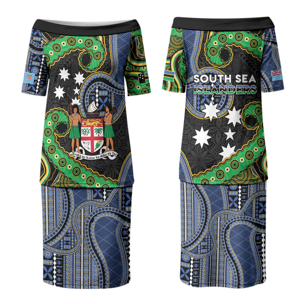 South Sea Islanders And Fiji Family Matching Puletasi and Hawaiian Shirt Fijian Coat Of Arms And Southern Cross DT05 Mom's Dress Black - Polynesian Pride