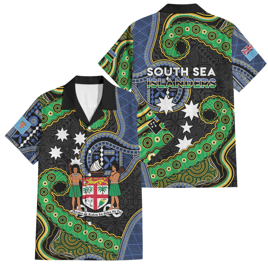 South Sea Islanders And Fiji Family Matching Puletasi and Hawaiian Shirt Fijian Coat Of Arms And Southern Cross DT05 Dad's Shirt - Short Sleeve Black - Polynesian Pride
