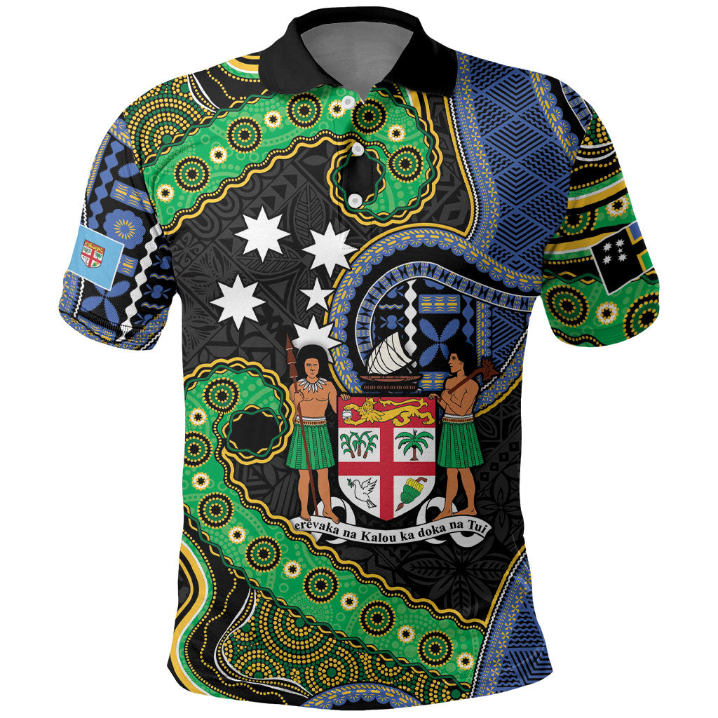 South Sea Islanders And Fiji Polo Shirt Fijian Coat Of Arms And Southern Cross DT05 Black - Polynesian Pride