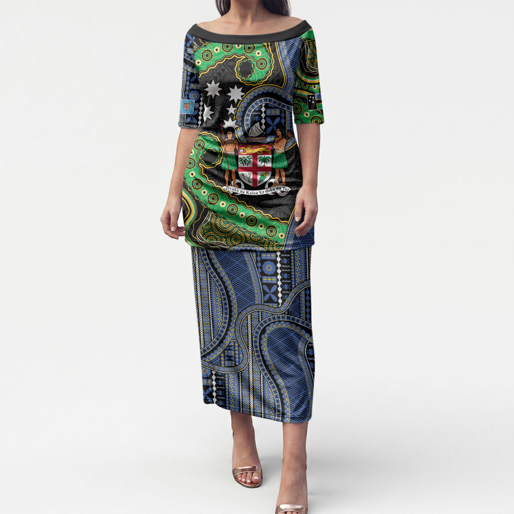 South Sea Islanders And Fiji Puletasi Fijian Coat Of Arms And Southern Cross DT05 Long Dress Black - Polynesian Pride