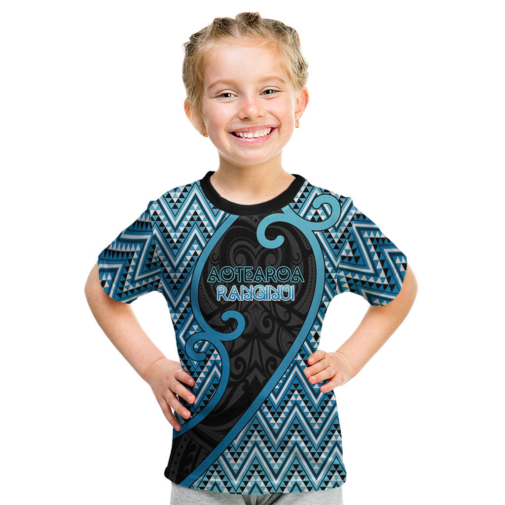 Custom Aotearoa Atua Ranginui Kid T Shirt Maori Sky Father Koru Patterns DT05 Blue - Polynesian Pride
