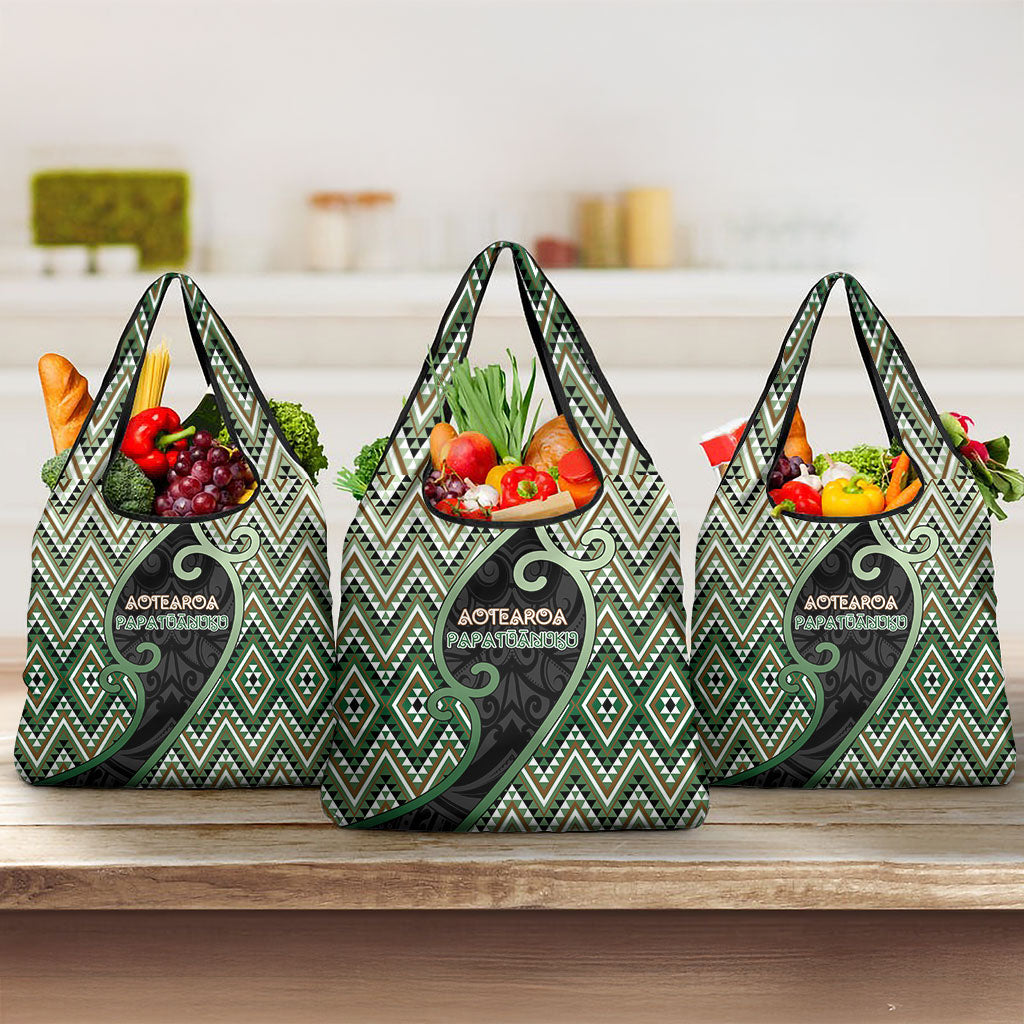 Aotearoa Atua Papatuanuku Grocery Bag Earth Mother Father Koru Patterns DT05 3-pack One Size Green - Polynesian Pride