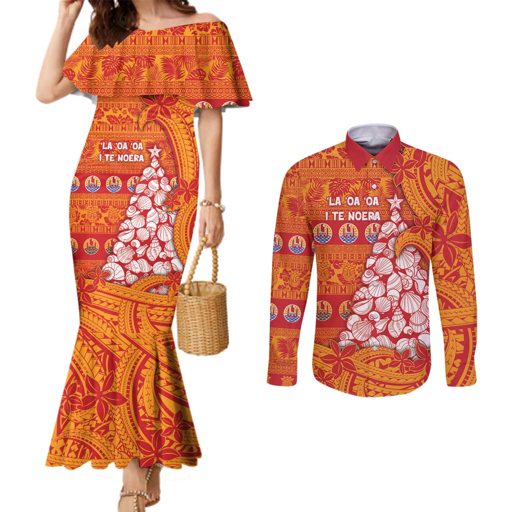 French Polynesia Christmas Couples Matching Mermaid Dress and Long Sleeve Button Shirt Seashell Xmas Tree Tribal Waves - Polynesian Pride