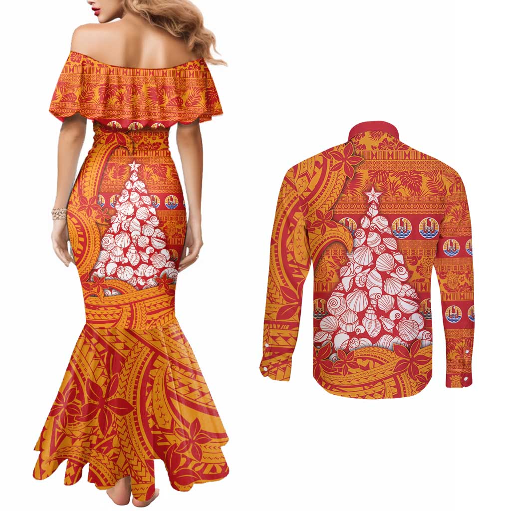 French Polynesia Christmas Couples Matching Mermaid Dress and Long Sleeve Button Shirt Seashell Xmas Tree Tribal Waves - Polynesian Pride