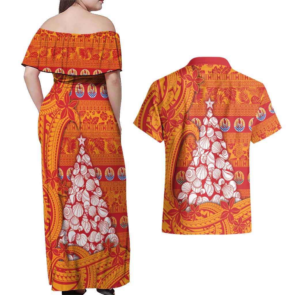 French Polynesia Christmas Couples Matching Off Shoulder Maxi Dress and Hawaiian Shirt Seashell Xmas Tree Tribal Waves - Polynesian Pride
