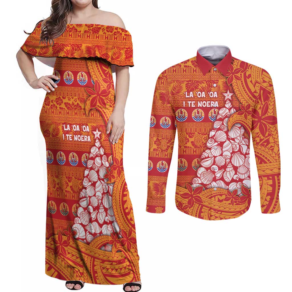 French Polynesia Christmas Couples Matching Off Shoulder Maxi Dress and Long Sleeve Button Shirt Seashell Xmas Tree Tribal Waves - Polynesian Pride