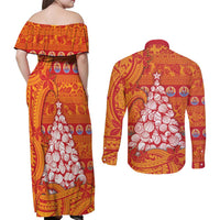 French Polynesia Christmas Couples Matching Off Shoulder Maxi Dress and Long Sleeve Button Shirt Seashell Xmas Tree Tribal Waves - Polynesian Pride