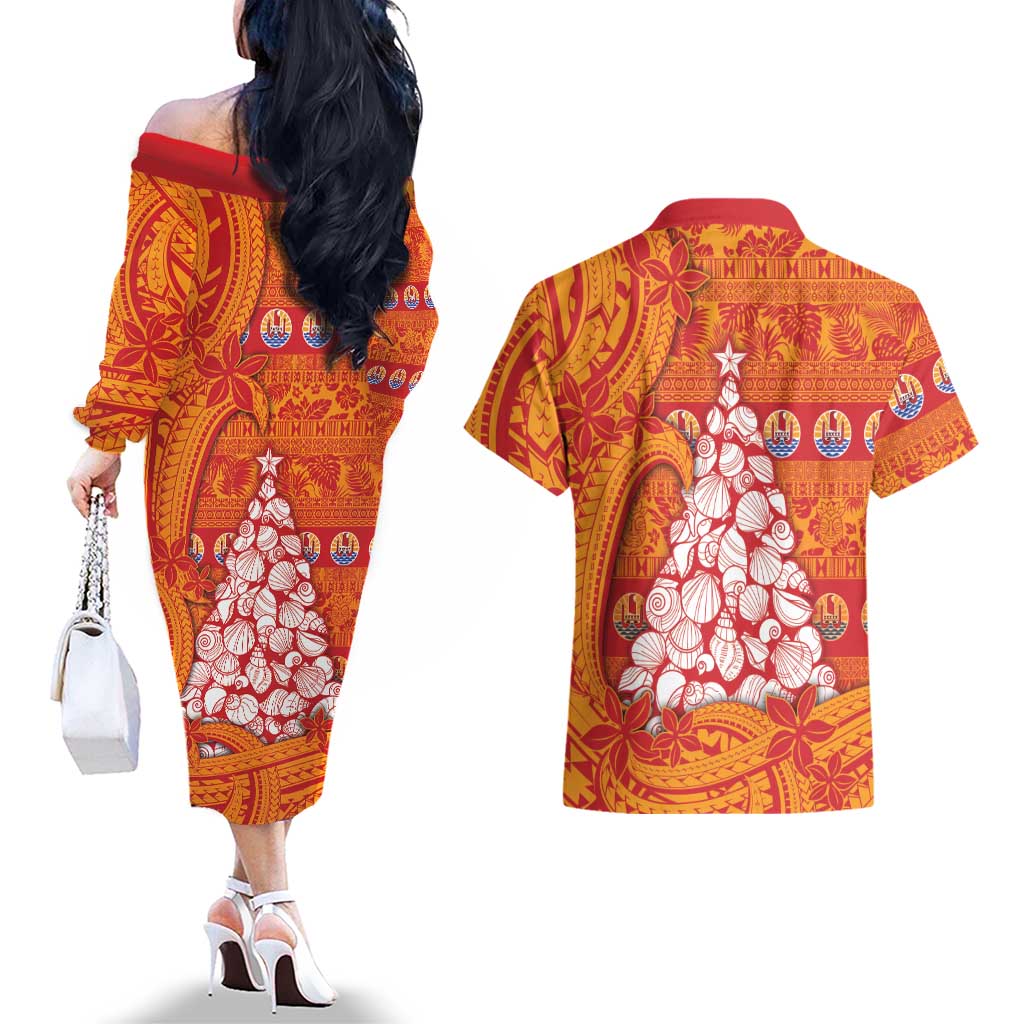 French Polynesia Christmas Couples Matching Off The Shoulder Long Sleeve Dress and Hawaiian Shirt Seashell Xmas Tree Tribal Waves - Polynesian Pride