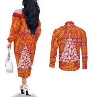 French Polynesia Christmas Couples Matching Off The Shoulder Long Sleeve Dress and Long Sleeve Button Shirt Seashell Xmas Tree Tribal Waves - Polynesian Pride