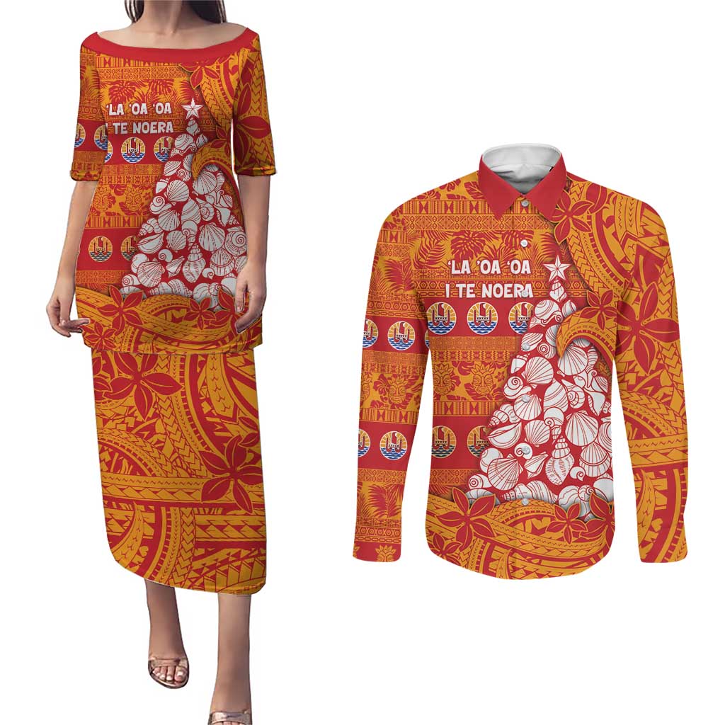 French Polynesia Christmas Couples Matching Puletasi and Long Sleeve Button Shirt Seashell Xmas Tree Tribal Waves DT05 Orange - Polynesian Pride