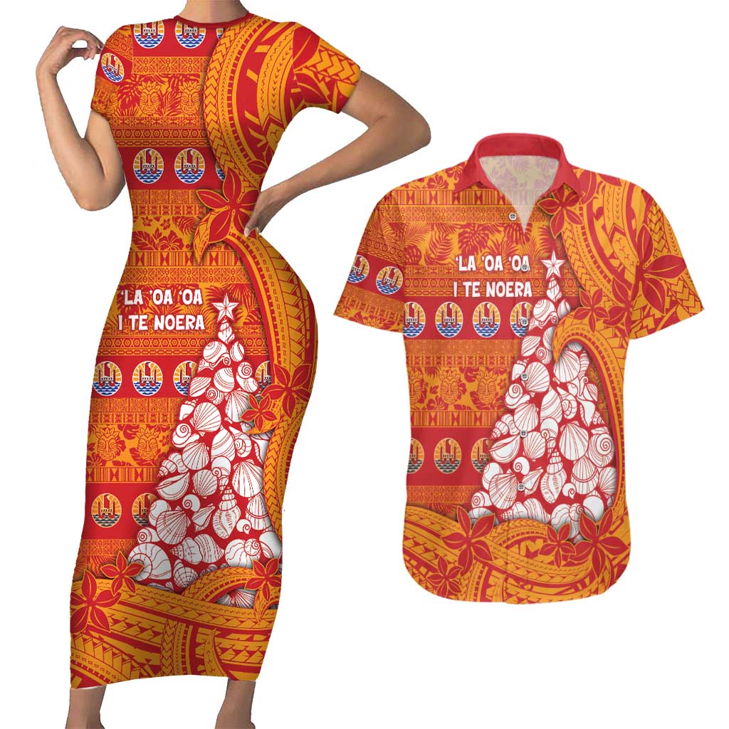 French Polynesia Christmas Couples Matching Short Sleeve Bodycon Dress and Hawaiian Shirt Seashell Xmas Tree Tribal Waves - Polynesian Pride