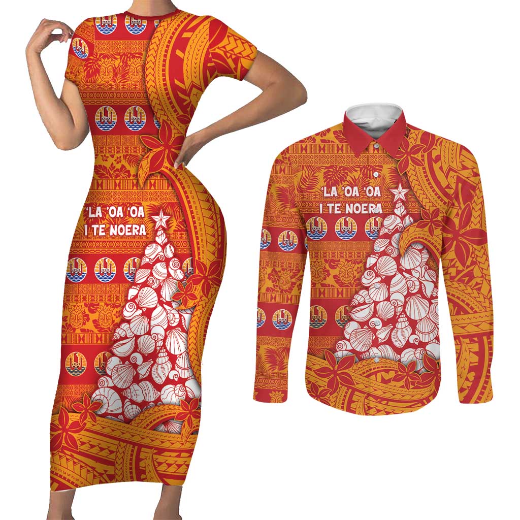 French Polynesia Christmas Couples Matching Short Sleeve Bodycon Dress and Long Sleeve Button Shirt Seashell Xmas Tree Tribal Waves - Polynesian Pride