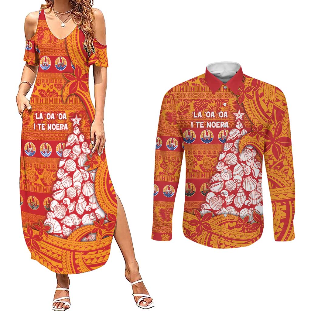 French Polynesia Christmas Couples Matching Summer Maxi Dress and Long Sleeve Button Shirt Seashell Xmas Tree Tribal Waves - Polynesian Pride