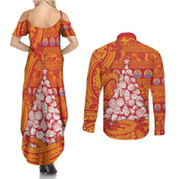 French Polynesia Christmas Couples Matching Summer Maxi Dress and Long Sleeve Button Shirt Seashell Xmas Tree Tribal Waves - Polynesian Pride