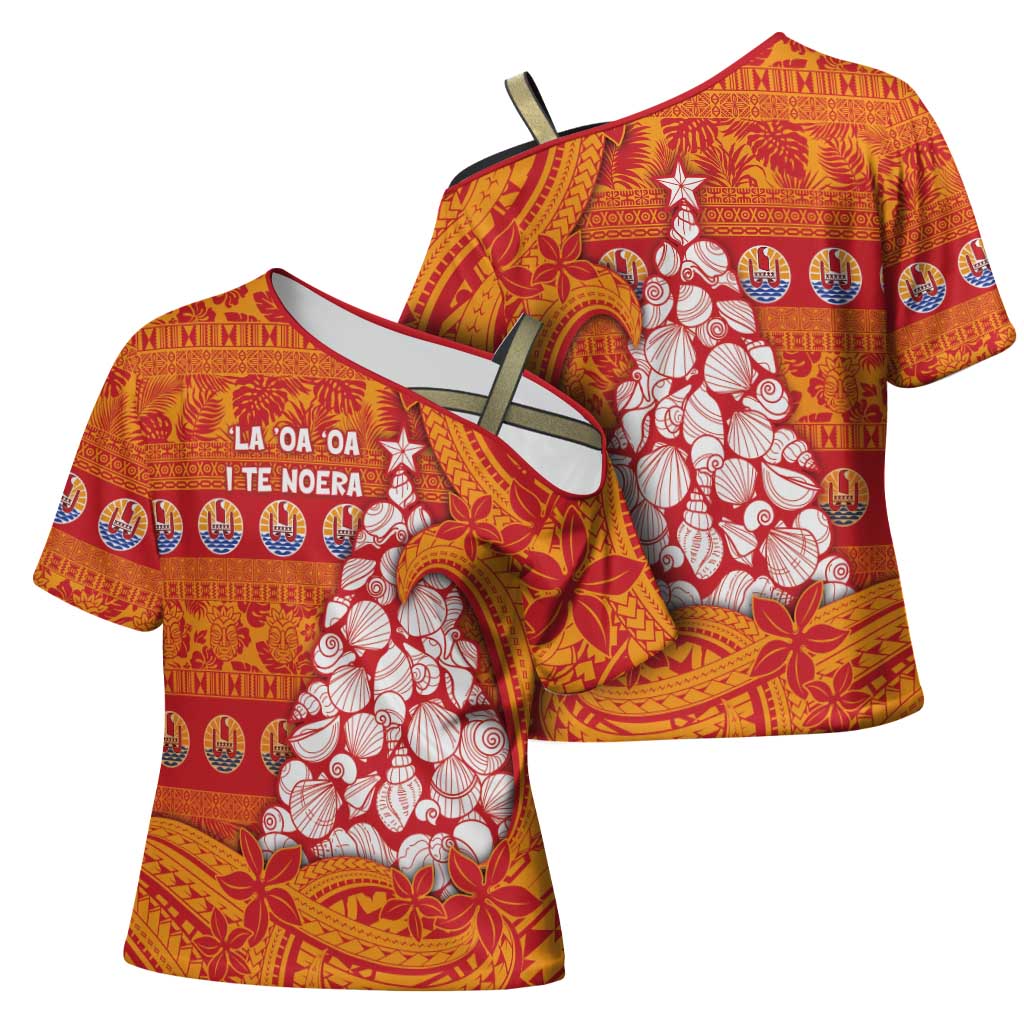 French Polynesia Christmas Cross Shoulder Shirt Seashell Xmas Tree Tribal Waves - Polynesian Pride