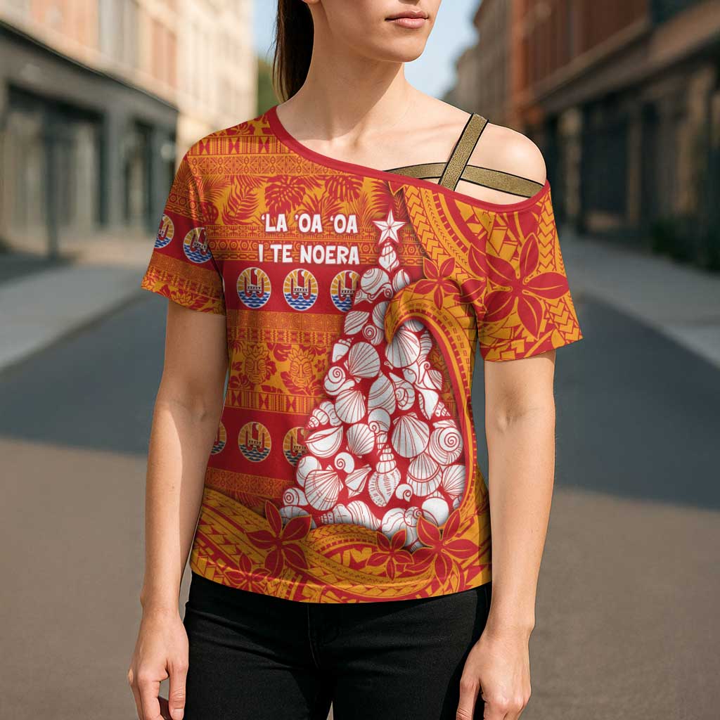French Polynesia Christmas Cross Shoulder Shirt Seashell Xmas Tree Tribal Waves - Polynesian Pride