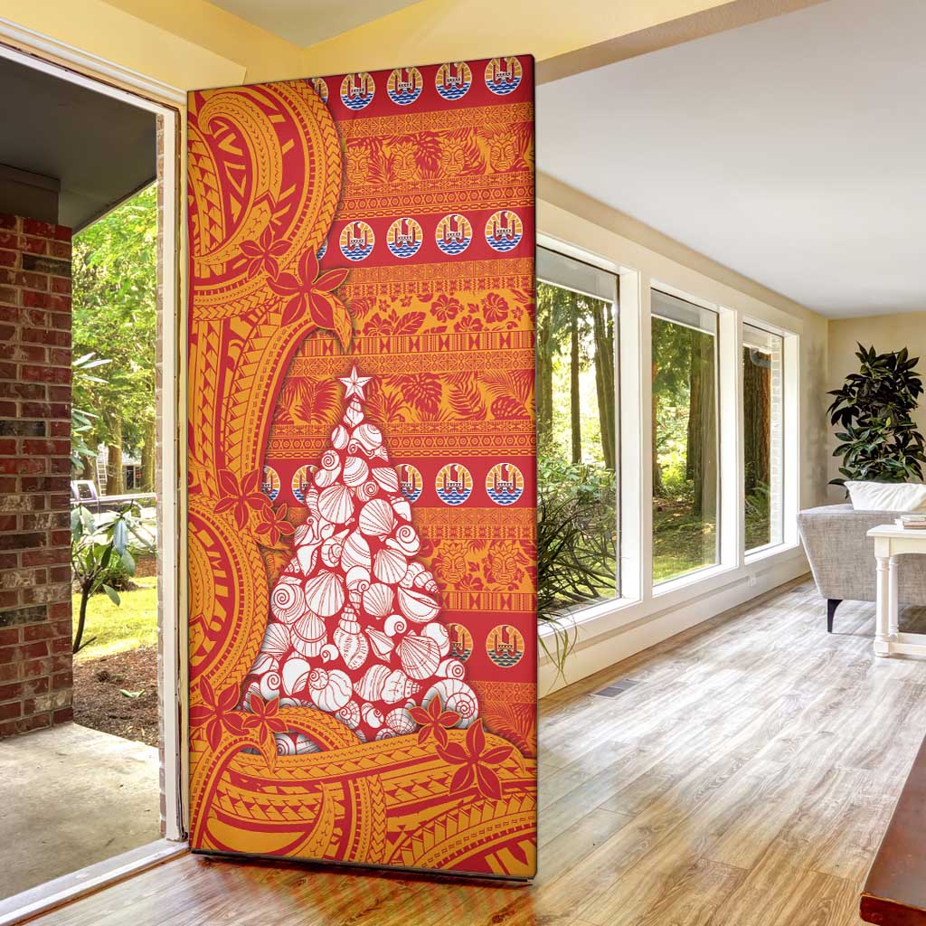 French Polynesia Christmas Door Cover Seashell Xmas Tree Tribal Waves - Polynesian Pride