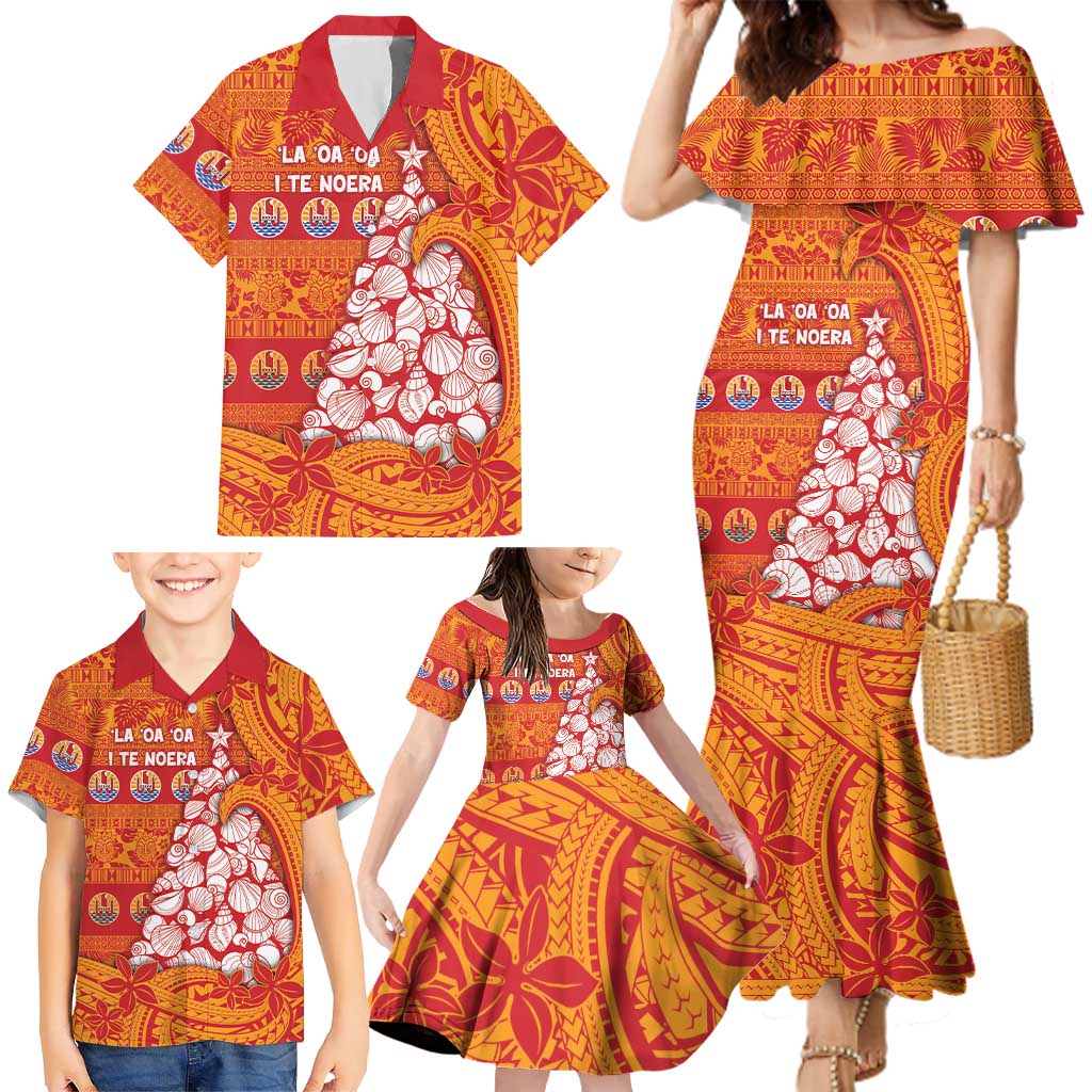 French Polynesia Christmas Family Matching Mermaid Dress and Hawaiian Shirt Seashell Xmas Tree Tribal Waves - Polynesian Pride