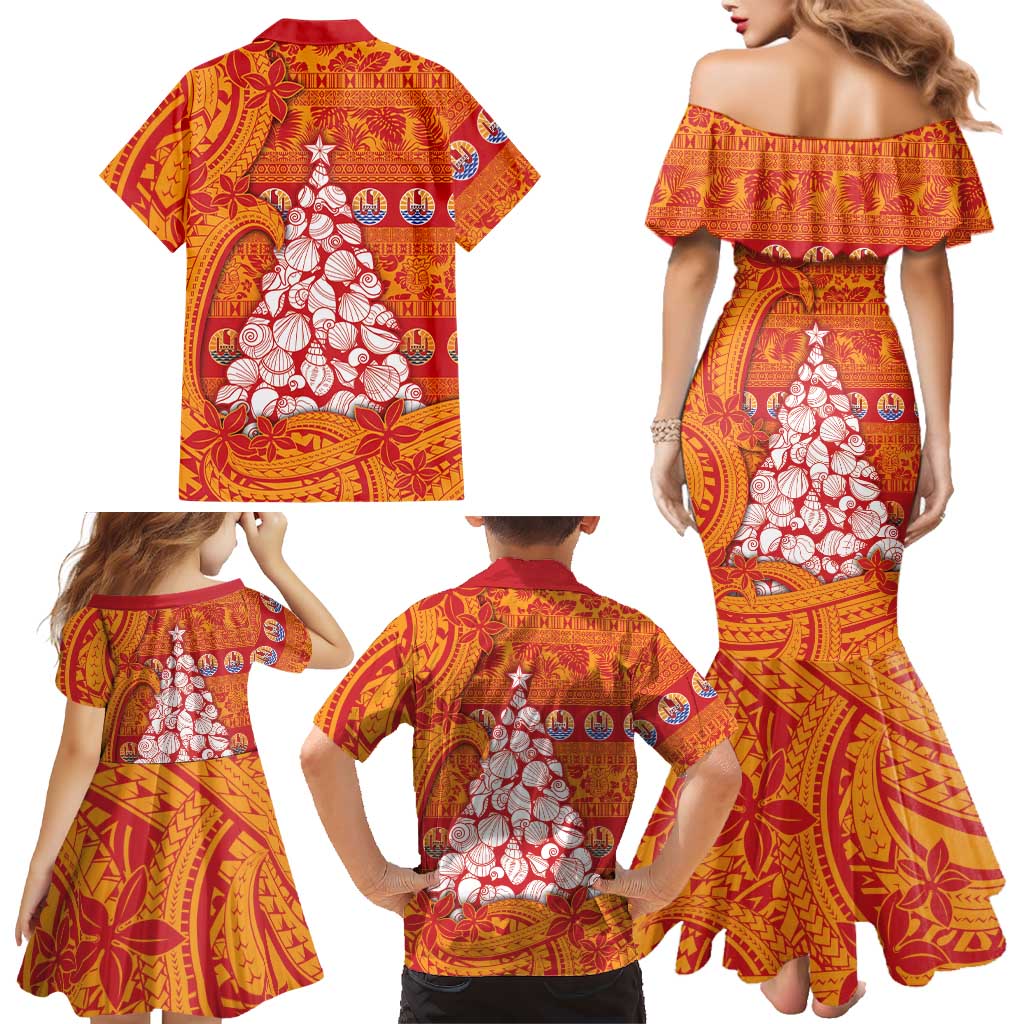 French Polynesia Christmas Family Matching Mermaid Dress and Hawaiian Shirt Seashell Xmas Tree Tribal Waves - Polynesian Pride