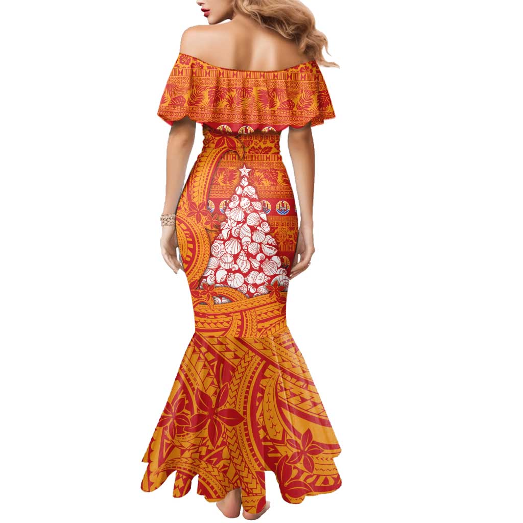 French Polynesia Christmas Family Matching Mermaid Dress and Hawaiian Shirt Seashell Xmas Tree Tribal Waves - Polynesian Pride