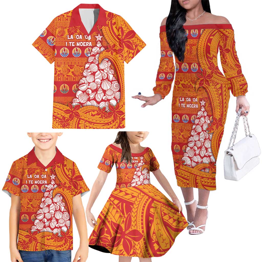 French Polynesia Christmas Family Matching Off The Shoulder Long Sleeve Dress and Hawaiian Shirt Seashell Xmas Tree Tribal Waves - Polynesian Pride