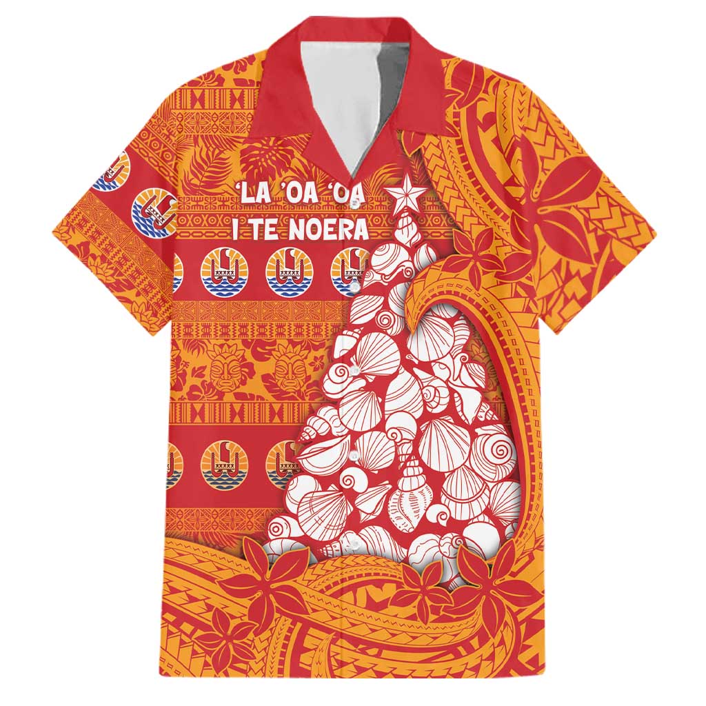 French Polynesia Christmas Family Matching Off The Shoulder Long Sleeve Dress and Hawaiian Shirt Seashell Xmas Tree Tribal Waves DT05 Dad's Shirt - Short Sleeve Orange - Polynesian Pride