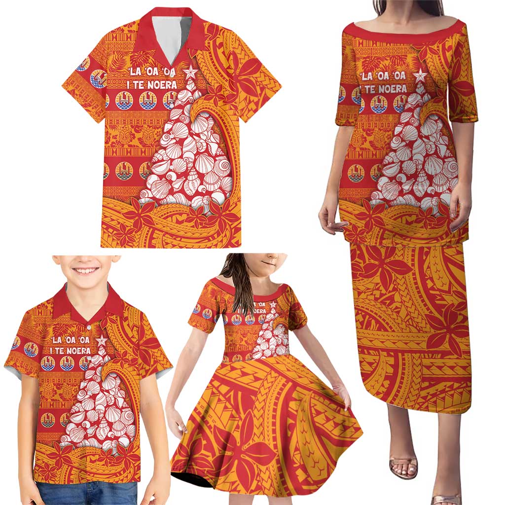 French Polynesia Christmas Family Matching Puletasi and Hawaiian Shirt Seashell Xmas Tree Tribal Waves - Polynesian Pride