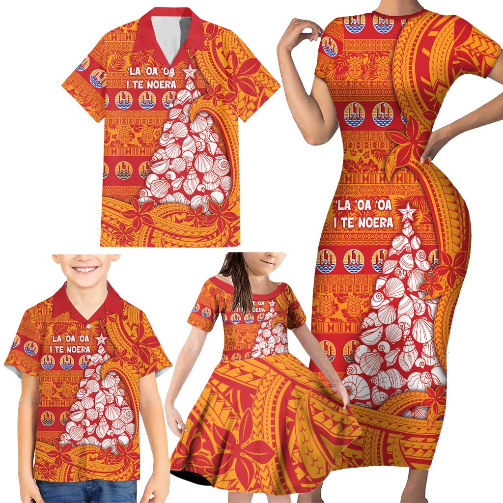 French Polynesia Christmas Family Matching Short Sleeve Bodycon Dress and Hawaiian Shirt Seashell Xmas Tree Tribal Waves DT05 - Polynesian Pride