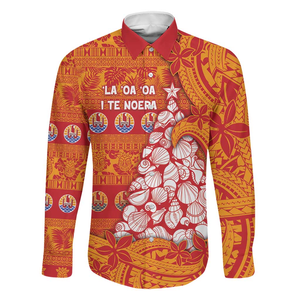 French Polynesia Christmas Family Matching Short Sleeve Bodycon Dress and Hawaiian Shirt Seashell Xmas Tree Tribal Waves DT05 Dad's Shirt - Long Sleeve Orange - Polynesian Pride