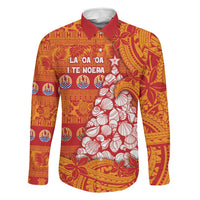 French Polynesia Christmas Family Matching Short Sleeve Bodycon Dress and Hawaiian Shirt Seashell Xmas Tree Tribal Waves DT05 Dad's Shirt - Long Sleeve Orange - Polynesian Pride
