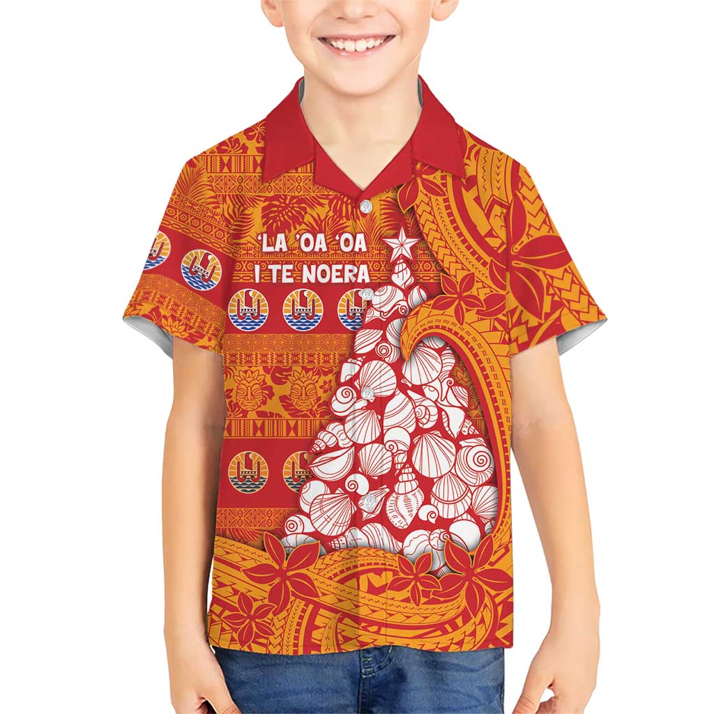 French Polynesia Christmas Family Matching Short Sleeve Bodycon Dress and Hawaiian Shirt Seashell Xmas Tree Tribal Waves DT05 Son's Shirt Orange - Polynesian Pride