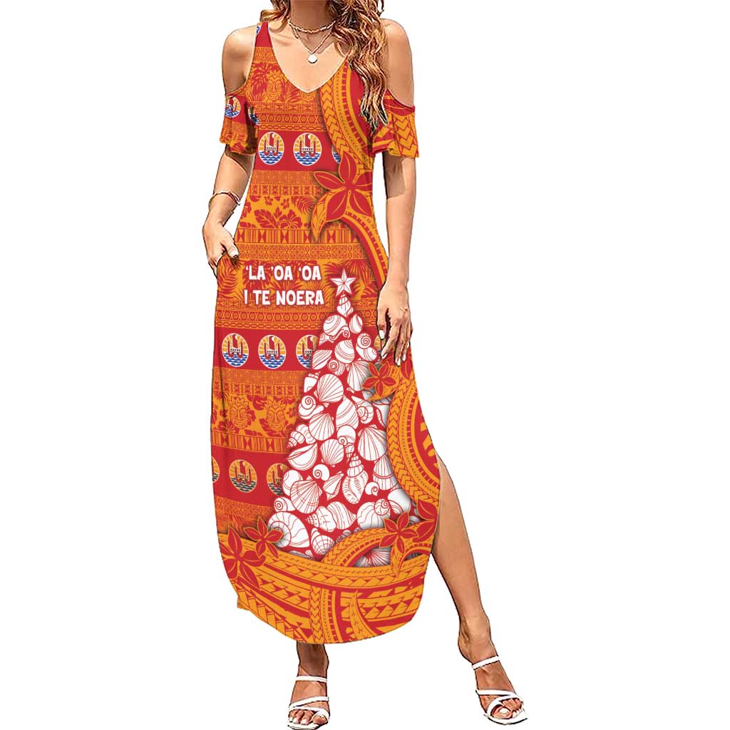 French Polynesia Christmas Family Matching Summer Maxi Dress and Hawaiian Shirt Seashell Xmas Tree Tribal Waves - Polynesian Pride